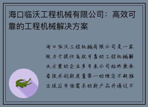 海口临沃工程机械有限公司：高效可靠的工程机械解决方案