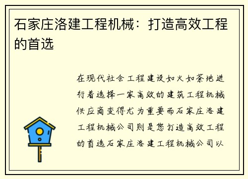 石家庄洛建工程机械：打造高效工程的首选